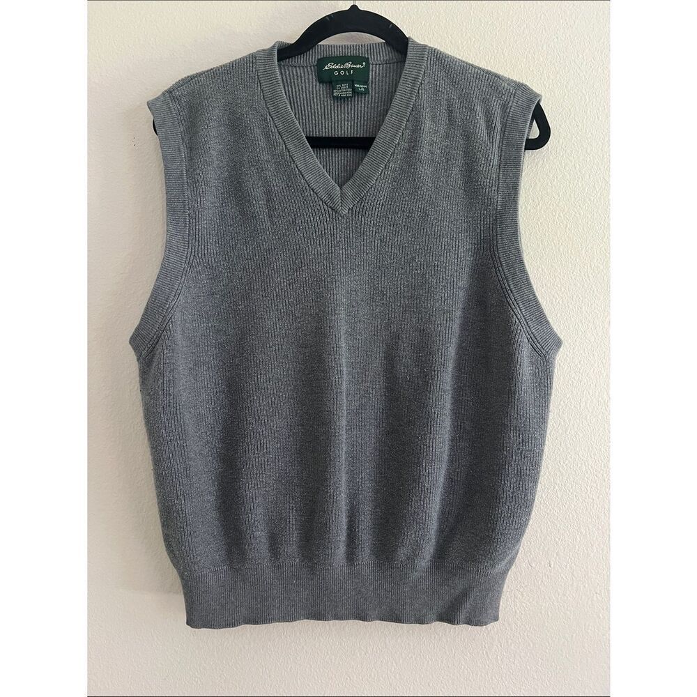 Eddie Bauer Golf Sweater Vest Mens Large Gray V Neck 100% Cotton Knit Classic L